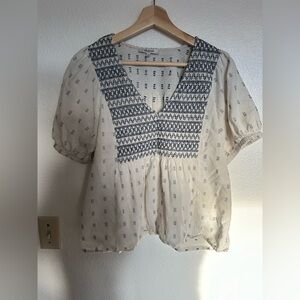 Madewell peasant top smock embroidered. Large. Blue off white